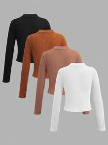SHEIN Girlism Tween Girl Knitted Pit Striped Stand-Up Collar Bottoming Long-Sleeved Four-Piece Suit, Suitable For Autumn, Winter And Early Spring