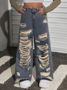 SHEIN Celana Jeans Longgar Model Lebar Berwarna Biru Vintage dengan Efek Sobek untuk Remaja Perempuan - Medium Wash - View 6