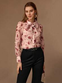 MOTF FLORAL PRINT TIE FRONT BLOUSE, WOMEN SHIRT - Pink - View 6