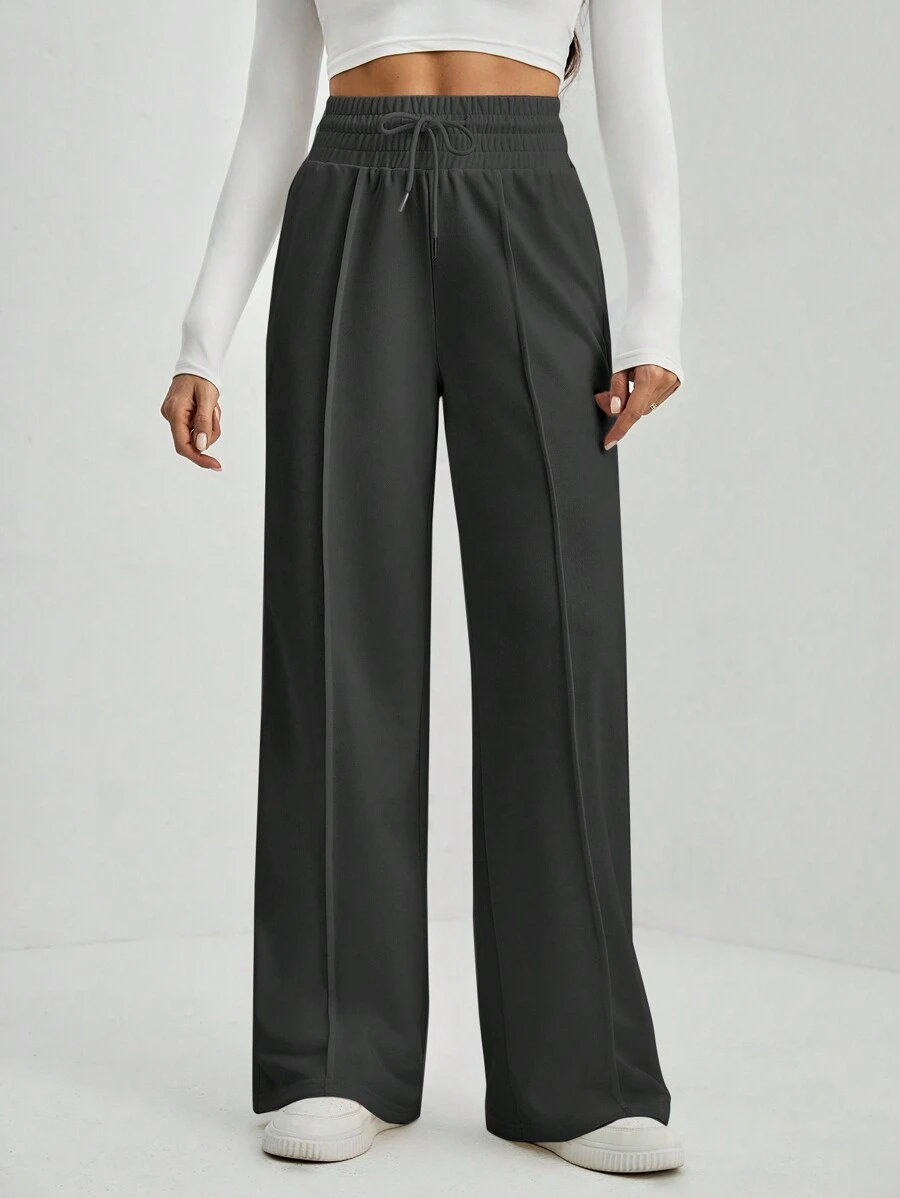 SHEIN Tall 净色抽绳腰部阔腿运动裤 - 深灰色 - 查看 1