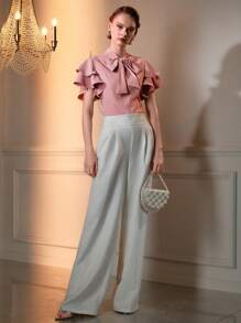 The Great Gatsby x MOTF Blouse à manches courtes superposées avec nœud devant