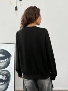 SHEIN EZwear Áo nỉ thường ngày trễ vai màu trơn cho nữ, Thu/Đông - màu đen - Xem 2
