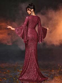 Glamrae Vestido de Festa Longo para Convidados de Casamento, Formatura, com Mangas Exageradas Flare, Gola Barco, Bainha em Cauda de Sereia, Bordô Elegante e Luxuoso, Brilho Exagerado - Vinho - Visão 4