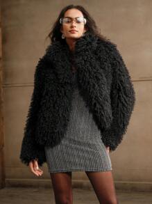 Anewsta Short Fashionable Stand Collar Fluffy Lamb Wool Jacket - Black - View 5
