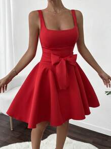 SHEIN Inside Breast Padded, V-Shape Skirt, Belted Stylish Sexy Part Dress