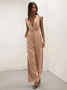 COSMINA Bộ đồ liền thân tối giản cổ chữ V màu trơn dành cho nữ, mặc thường ngày - Màu Khaki - Xem 6