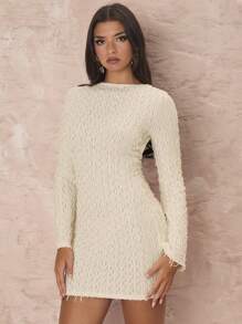 SHEIN X  Ignacia Antonia Zolique Vestido mini sexy de fiesta con espalda abierta para mujer, de manga larga, cuello redondo, unicolor, ajustado al Body, de otoño - Albaricoque - Ver 7