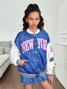 Tween Girl 拼色牛仔效果字母印花羊毛绒布保暖衬里前扣长袖外套，休闲棒球夹克 - 藍色 - 查看 6