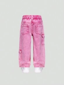 Girls' Loose Fit Washed Denim Palazzo Pants, Dusty Rose Color - Hot Pink - View 2