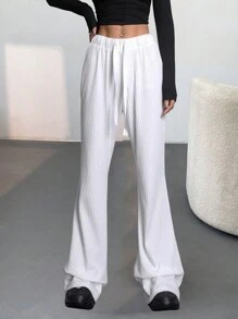SHEIN EZwear 女式街头休闲复古针织罗纹针织微绒纹理舒适喇叭裤 - 白色 - 查看 3