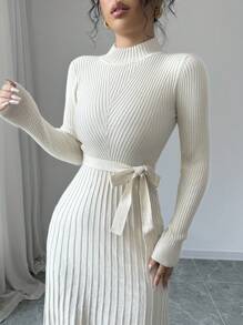 Selianne Elegant Minimalist Solid Color Stand Collar Fitted Sweater Dress, Autumn Fall Winter Cloth For Women - Apricot - View 4