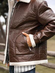 Manfinity Homme Men's Front Zipper Long Sleeve Pocket Casual Jacket, Everyday Wear - Coffee Brown - View 6