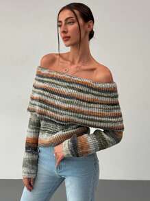 Aloruh Suéter sencillo a rayas con hombros descubiertos de manga larga para mujeres, uso diario casual - Multicolor - Ver 2