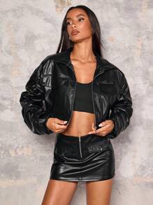 Glamine Women's Dropped Shoulder Long Sleeve Ruched PU Leather Biker Jacket, Spring Autumn - Black - View 1