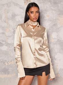 Glamine Women's Elegant Long Sleeve Solid Color Satin Blouse Fall Cloth For Women - Champagne - View 3