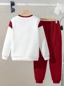 SHEIN 青少年男孩休闲撞色圆领运动衫和裤子两件套，红色和白色（尺码 10 / 5） - 紅色 - 查看 2