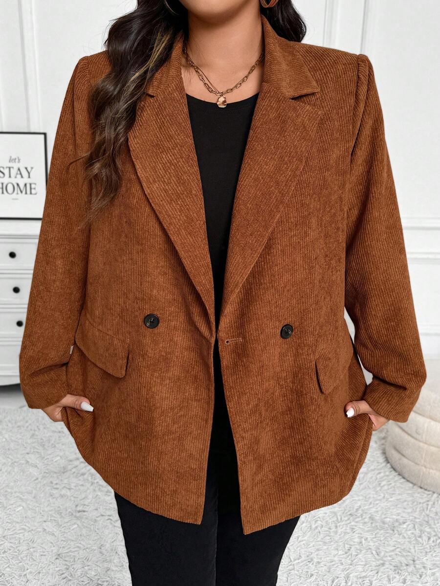 SHEIN LUNE Plus Size Casual Double-Breasted Ribbed Blazer Jacket, Autumn