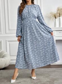 SHEIN Maternity Floral Print Round Neck Lantern Sleeve Long Elegant Dress, Spring & Autumn