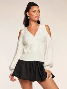 Glamine Women's Solid Color Front Button Open Shoulder Long Sleeve Minimalist Casual Blouse