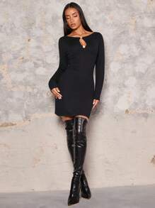 Glamine 女式纯色锁眼领长袖修身迷你毛衣连衣裙，秋冬 - 黑色 - 查看 4