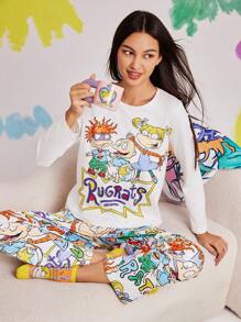 Nick 90s X SHEIN Conjunto de pijama con top y pantalones con estampado de dibujos animados para mujer