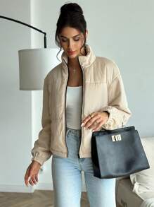 SHEIN Privé Women's Khaki Turtleneck Long Sleeve Outerwear