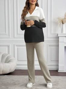 SHEIN 2pcs Maternity Plain Patchwork Long Sleeve Top And Pants Set - Khaki - View 4