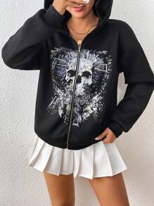 SHEIN Unity 女士前拉链长袖骷髅印花休闲连帽运动衫 - 黑色 - 查看 5