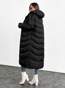 SHEIN Tall Women's Long Hoodie Puffer Padded Coat Double-Sided Zipper With Different Quilting Patterns - Black - View 2