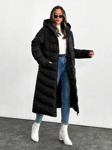 SHEIN Tall Women's Long Hoodie Puffer Padded Coat Double-Sided Zipper With Different Quilting Patterns - Black - View 1