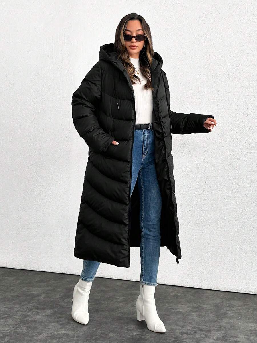 SHEIN Tall Women's Long Hoodie Puffer Padded Coat Double-Sided Zipper With Different Quilting Patterns - Black - View 1