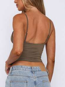 Women Plain V-Neck Sexy Slim Streetwear Spring Summer Vacation Party Club Going Out Camis Crop Top Clothes - Coffee Brown - View 2