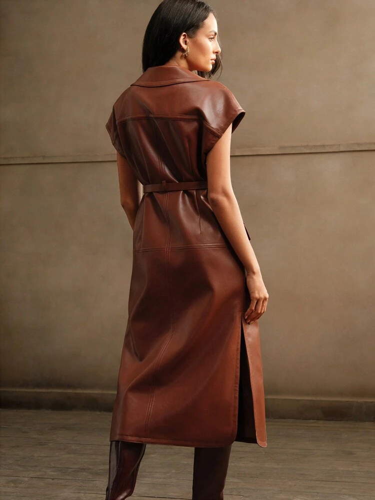 Autumn Fashion Turndown Collar Leather Mid-Length Dress Maxi Women Outfit
