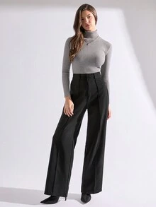 SHEIN Cottnline Women's Solid Color Straight Leg Casual Pants - Black - View 4