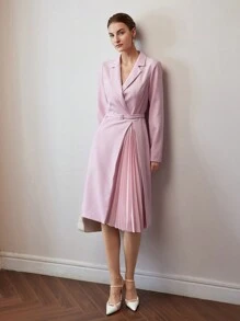 MOTF PREMIUM MIDIKLEID MIT REVERSKRAGEN, PLISSIERTEM EINSATZ, SCHNALLE UND GÜRTEL