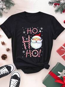 Hohoho 圣诞节可爱圣诞老人雪花图案圆领短袖大码T恤秋冬 - 黑色 - 查看 4