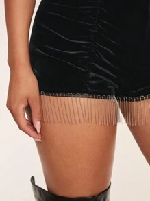 Glamine 女士优雅约会夜派对性感天鹅绒褶皱闪光流苏短裤 - 黑色 - 查看 6