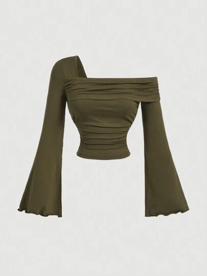 SHEIN MOD Women's Asymmetric Neck Ruched Flare Sleeve T-Shirt In Olive Green,Airport Women Outfits,Long Sleeves Woman,Going Out Outfits,Winter Women Clothes,Off Shoulder T-Shirt,Fall Women Clothes,Comfortable T-Shirt