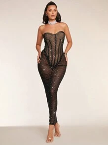 Glamine 女式修身透视露肩鱼骨紧身连衣裙、水钻连衣裙、紧身连衣裙、派对女士连衣裙、亮片连衣裙、性感黑色紧身连衣裙、黑色紧身连衣裙、性感万圣节服装、音乐会服装、迪斯科连衣裙超长女士服装