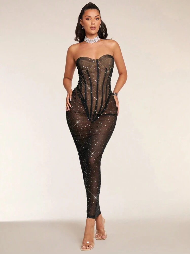 Glamine Vestido Espartilhado Feminino Transparente Ombro a Ombro com Espinha de Peixe, Vestido com Strass, Bainha, Vestidos Femininos para Festa, Vestido com Lantejoulas, Vestido Preto Sexy, Vestido Preto Justo, Fantasia Sexy de Halloween, Looks de Show, Vestido Longo Disco para Mulheres - Preto - Visão 5
