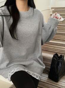 DAZY Women Casual Lace Patchwork Crew Neck Long Sleeve Sweatshirt,Fall Women Clothes
