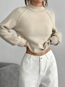 Flirla Women's Solid Color Stand Collar Casual Long Sleeve Sweater, Knit Pullover Fall Winter - Apricot - View 6