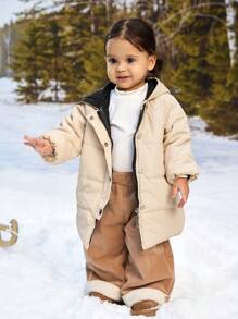 SHEIN Baby Girl Daily Casual Simple Warm Hooded Long Padded Coat, Clothes Suitable For Outings In Autumn And Winter - Apricot - View 5