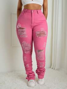 SHEIN SXY Valentine's Day Plus Size Denim Stretch Hole Leggings - Pink - View 7