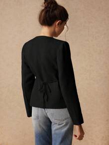 Poéselle Women's Solid Color Front Button Round Neck Split Cuff Regular Jacket In Fall/Winter - Black - View 3