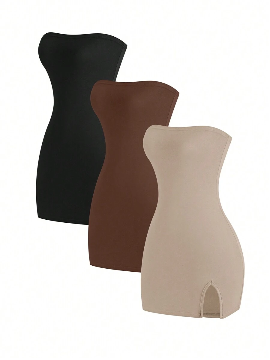 SHEIN Unity 女士纯色开衩下摆修身抹胸连衣裙迷你短款女装 - 彩色 - 查看 1