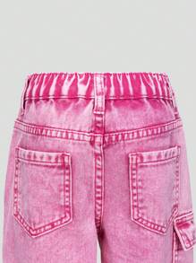 Girls' Loose Fit Washed Denim Palazzo Pants, Dusty Rose Color - Hot Pink - View 3