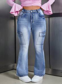SHEIN ICON Plus Size Women's Cargo Pocket Flare Casual Versatile Jeans - Blue - View 1