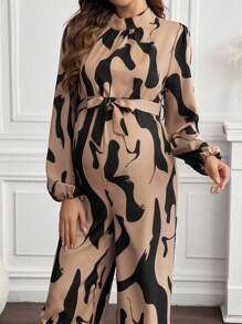 SHEIN Maternity All-Over Print Batwing Sleeve Loose Tie-Front Jumpsuit - Multicolor - View 4