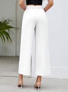 SHEIN PETITE 極簡休閒純色寬腿西裝長褲，秋季，小個女款 - 白色 - 查看 2